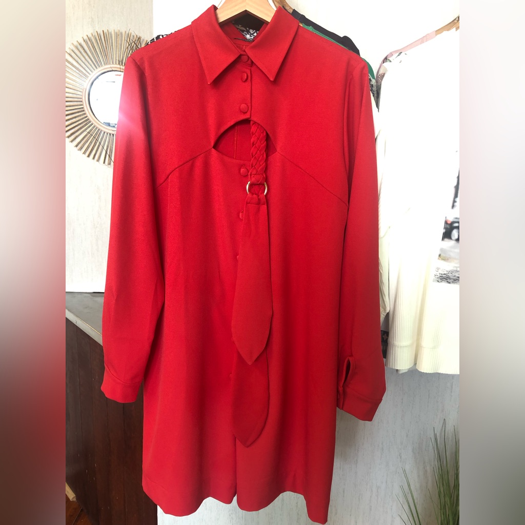 Red Jumpsuit With Buttons And Braided Belt.
